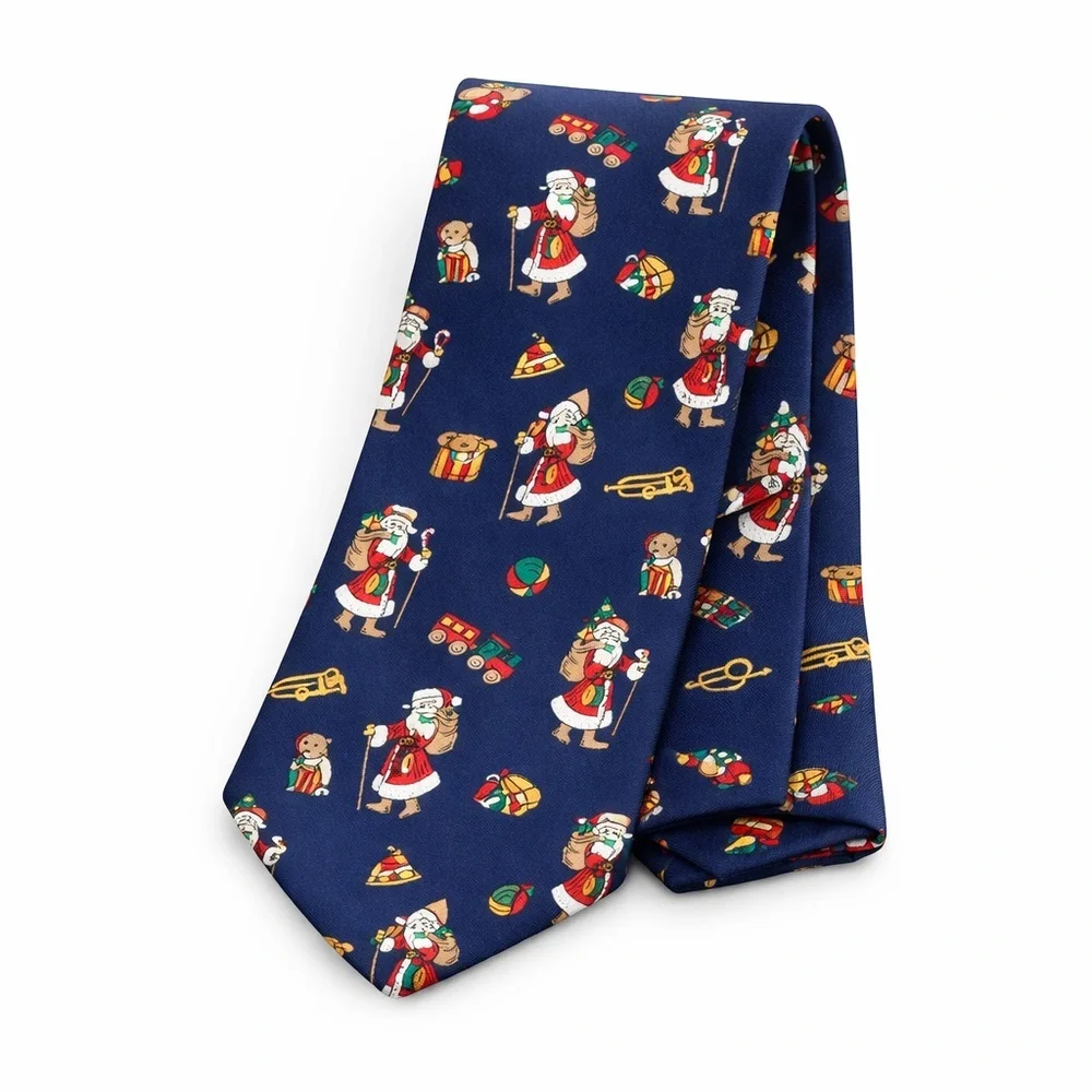 Lands’ End Christmas Santa Tie 100% Silk Navy Blue Novelty Holiday Necktie